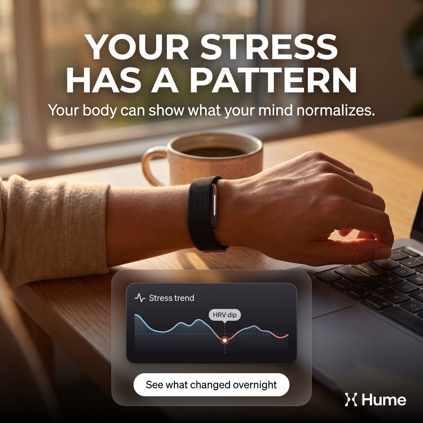 Hume Band 2.0 on wrist with stress and recovery trend creative