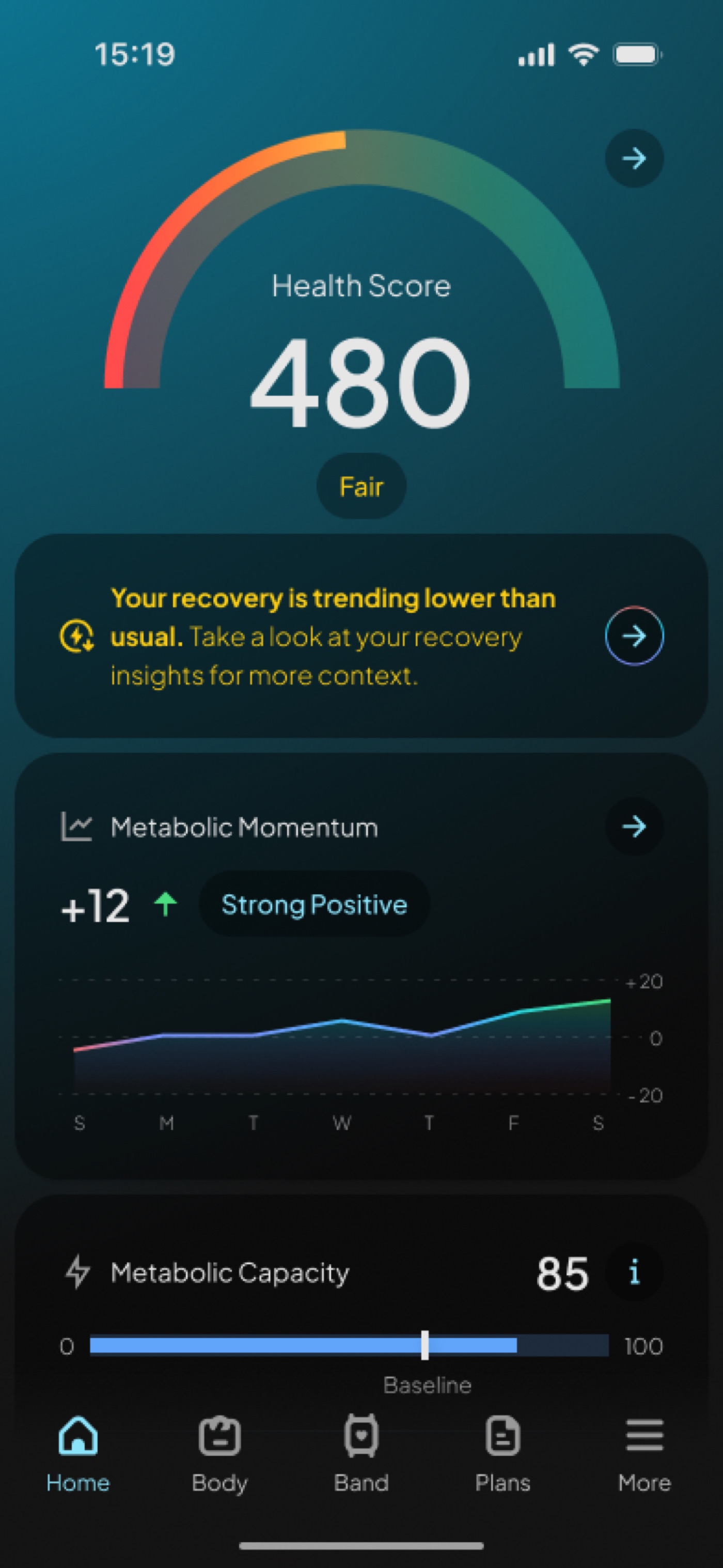Hume app home screen with a recovery trend alert